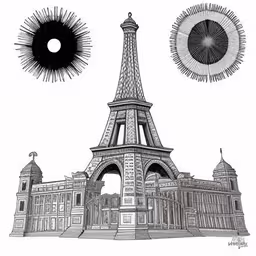 a pencil drawing of the eiffel tower,a pen drawing of the eiffel tower with sun above it