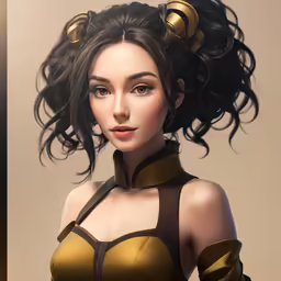 3d cgi woman in a golden outfit with brass ears and horns