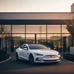 a white tesla on a building with cars coming through the window
