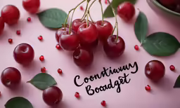 some cherries sitting on top of a pink surface