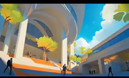 some people walk around a building under a tree