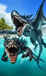 three dinosaurs are swimming together under the water