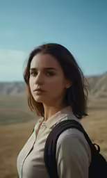 a young woman is posing outside on a desert landscape