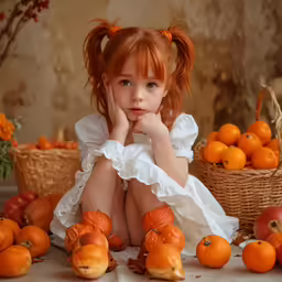 a young girl sitting on the ground surrounded by fake pumpkins