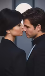 two people are kissing in front of a building