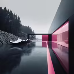 a building in a lake surrounded by mountains