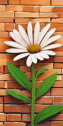 the white flower is next to a brick wall,a flower with a stem on the side of a brick wall