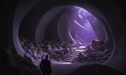 there is a man standing in a stone tunnel