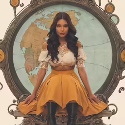 she is sitting on a golden chair with a skirt