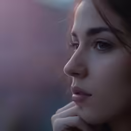 an asian woman with a long nose looks away