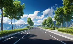 the computer generated image shows a road that is empty and blue