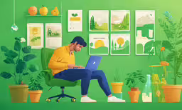 the man sits in his office and works on his laptop,a person on a chair with a laptop in front of a green wall