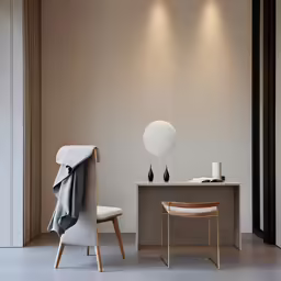 two white lamps on wall and a desk with a chair