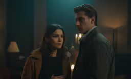 a woman standing next to a man in a dark room