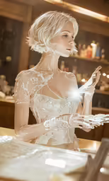 a woman in white and silver dress standing behind a counter