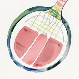 this is an image of tennis rackets in watercolor,a tennis racket with pinks on it and two watercolors,a picture of an abstract drawing of food,watercol and ink paintings of tennis rackets on a table,a drawing of a tennis racket that is painted with colored ink