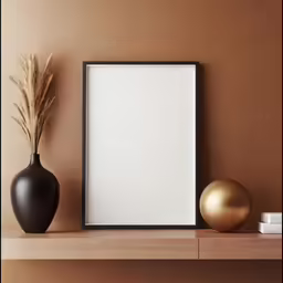 there is an empty picture frame with two vases on top of it