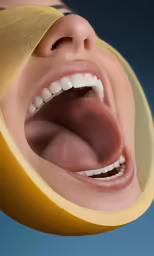 a woman with banana slices sticking out of her teeth