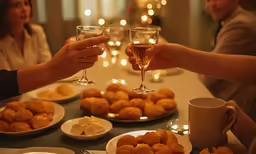 a man and a woman toasting with their hands on a table with wine glasses