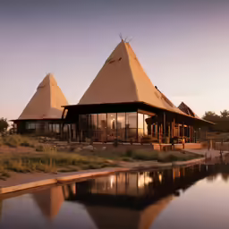 two large pyramid buildings are reflected in a pond