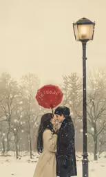 a couple kisses under an umbrella on a snowy day