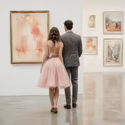 two people looking at paintings in an art museum