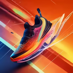 a pair of running shoes on top of multi colored artwork