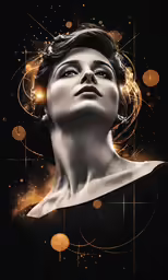 a woman with golden circles and dots in her hair