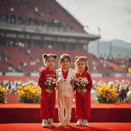 three young children stand on stage holding flowers