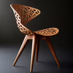 an unusual chair made with wooden legs and an intricate pattern
