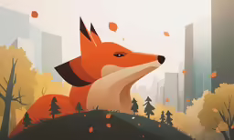 the fox is looking into the city with a city in the background