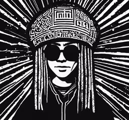 a woman wearing sunglasses and a hat with stars in the background,a graphic that includes a girl wearing sunglasses, and a hat with many words