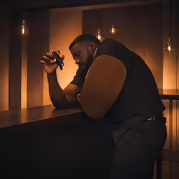 a black man is kneeling down and holding his arm over the wall