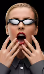 a woman wearing giant goggles and posing in front of a black background
