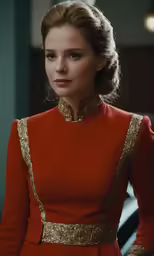 the woman with red hair is dressed in a dress