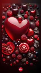 a red heart surrounded by fruit on a black background