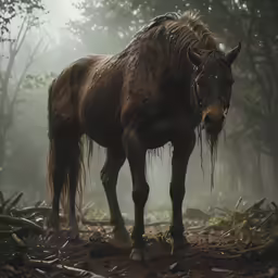 a brown horse with long hair standing in the woods