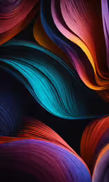 colorful waves are overlapping together on a black background,different colored shapes in the dark