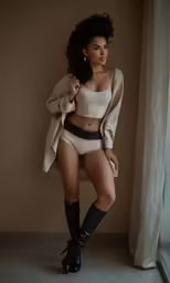 a woman in shorts, jacket and boots poses