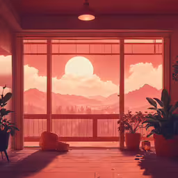 a window that is open in a room,a red sky through an open window with a view to mountains