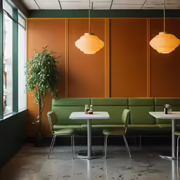 a restaurant booth with multiple chairs and tables and a green couch in front of two windows