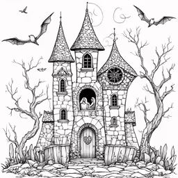 an image of a fairy castle with bats in the background