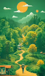 painting of a man walking down a path through a green forest with houses,there is an illustration of a man walking down the road