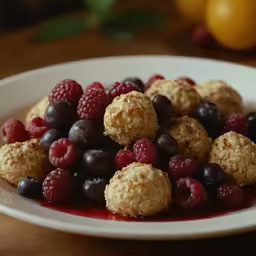 berry and oatmeal dessert bites on plate with raspberries and blueberries