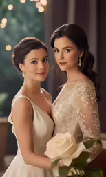 two women are posing for a photo at their wedding