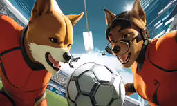 two dogs in a soccer game holding a soccer ball