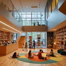 the children are playing on the floor in the library