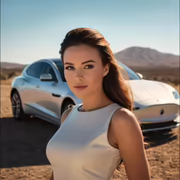 a beautiful young woman standing in front of a silver car