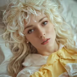 a beautiful blond woman lying in bed with white sheets