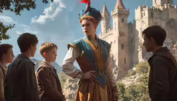 some children in renaissance costume and wearing a red feather
